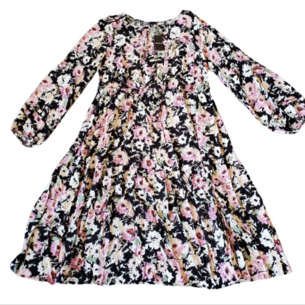 Torrid plus floral swiss dot long sleeves tiered midi dress, 1XL, black - Picture 4 of 13